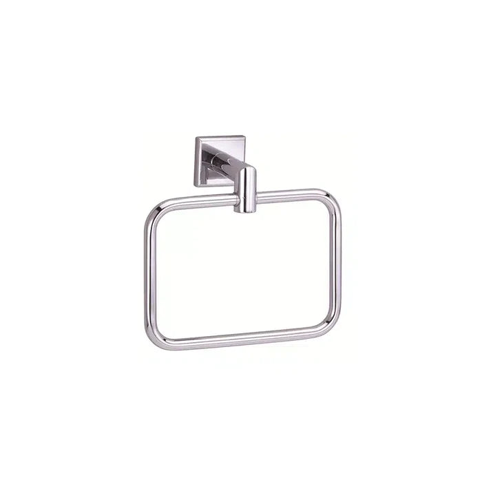 A chrome-finished, rectangular Taymor Industries Naples towel ring with rounded edges is mounted on a square wall bracket against a white background.