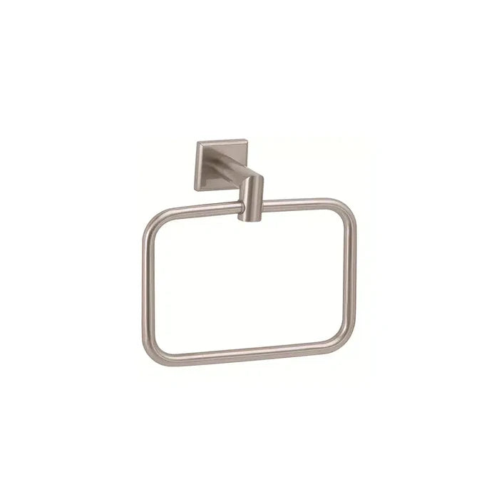 A brushed nickel Taymor Industries Naples towel ring featuring an angled square wall mount and a rectangular, gently rounded hanging loop.