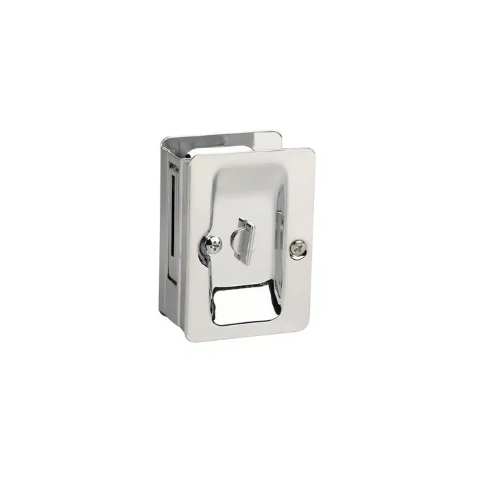 A chrome-finished metal latch by Taymor Industries, featuring a rectangular faceplate, small lever, and two screws—designed for sliding door hardware and notch prep installation in panels or doors.