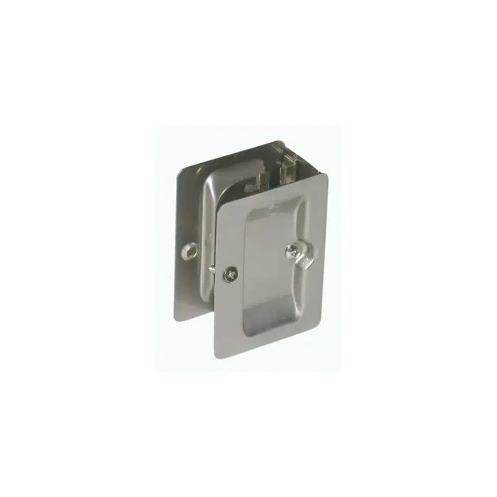 A metal rectangular recessed door latch by Taymor Industries, with rounded edges, central turn knob, and mounting plate—ideal for sliding doors or notched door prep—photographed on a plain white background.