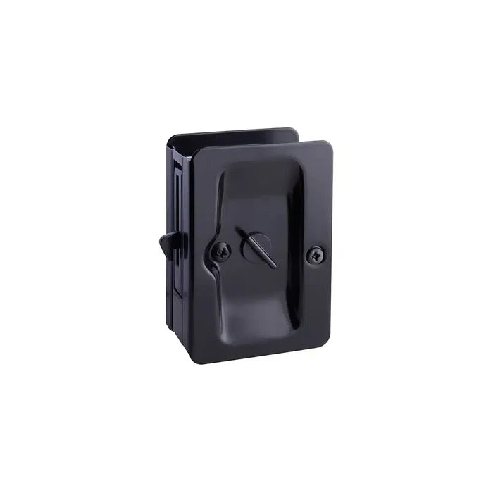 Taymor Industries black rectangular recessed door latch, featuring a central turn handle, two mounting screws, and a flush solid brass design—perfect sliding door hardware for doors with notch prep. Shown on plain white background.