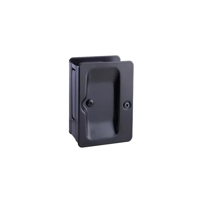Black rectangular recessed door handle by Taymor Industries, featuring two visible screws for flush mounting on sliding or pocket doors, photographed on a white background.