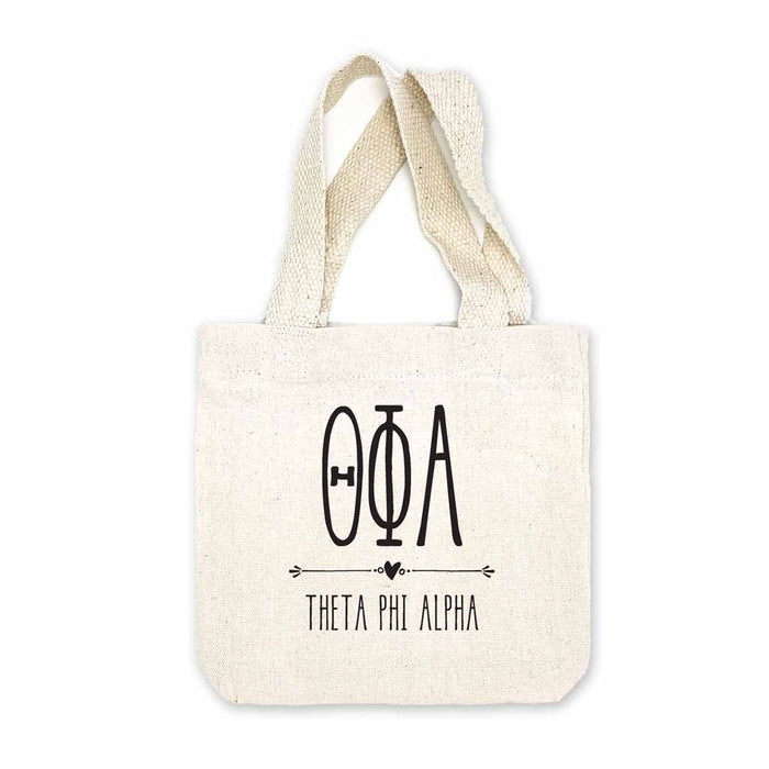 Theta Phi Alpha sorority name and letters digitally printed in black ink boho design on natural canvas mini tote gift bag.