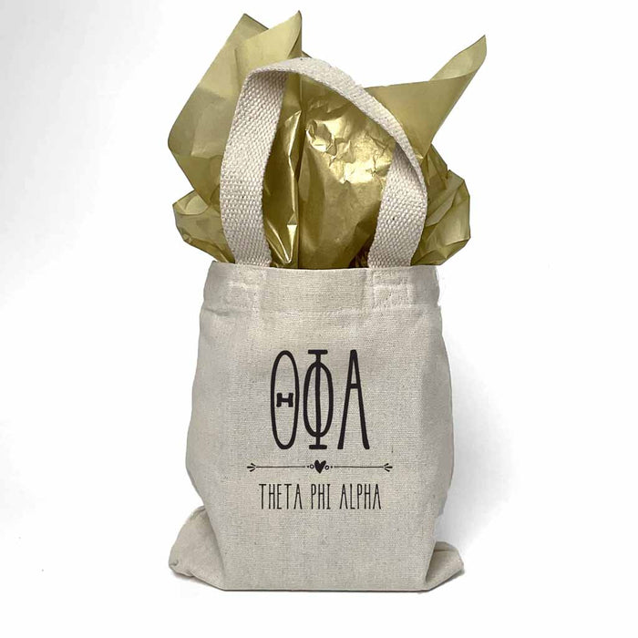 Sorority name printed with boho design on mini natural canvas tote bag makes the perfect gift for your sorority sisters.