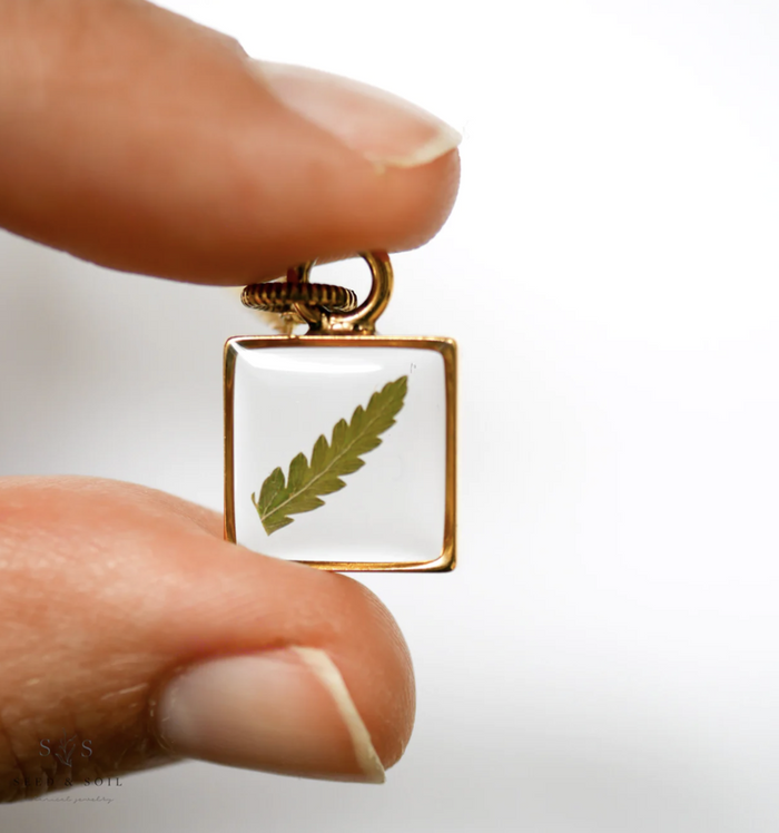 Tiny Square Pendant Necklace- Fern