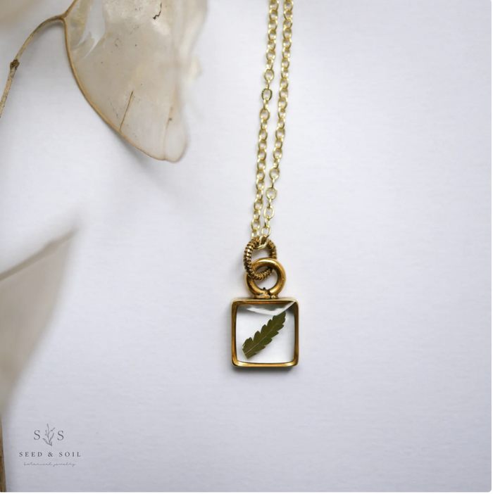 Tiny Square Pendant Necklace- Fern