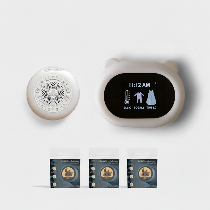Sleep Like Goldilocks smart thermometer with Sound Sleeper white noise plus three linked lights in package