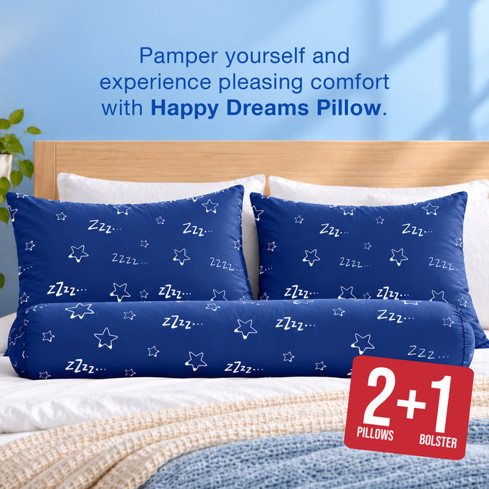 Uratex Happy Dreams 2+1 pillow and bolster set arranged on a bed