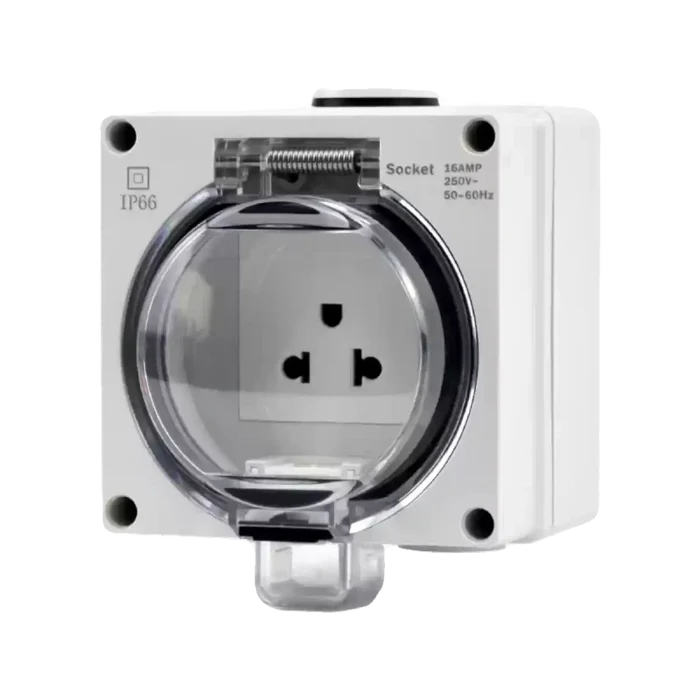waterproof outdoor socket, US standard electrical outlet, RDL66 series power socket, 16A 250V AC weatherproof outlet box, anti-rain splashproof receptacle, IP66 outdoor power socket, flame retardant waterproof outlet, lockable electrical socket, garden patio power outlet, industrial waterproof power receptacle