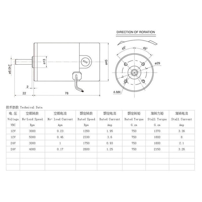 ZHENGKE ZYTD-45SRZ-R 45mm 12V/24V DC motor Round shaft 2000RPM3000RPM4000RPM5000RPM 7W/8W.